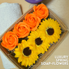 Joligift Luxury Spring Flower-Soap Bouquet  - 4 Peach Roses + 3 SunflowerS in Jute Box